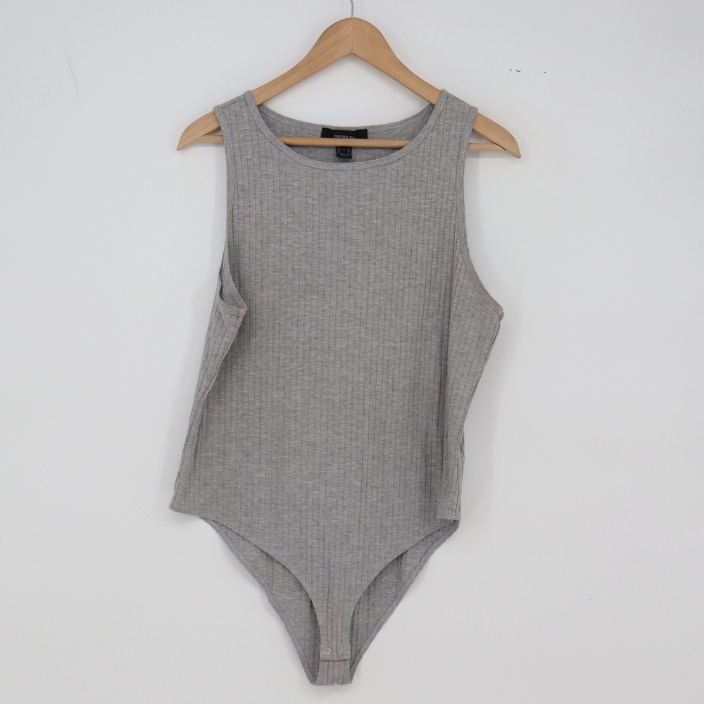 Forever 21 Bodysuit Womens 2X Ribbed Knit Grey Sleeveless Scoop Neck Excellent